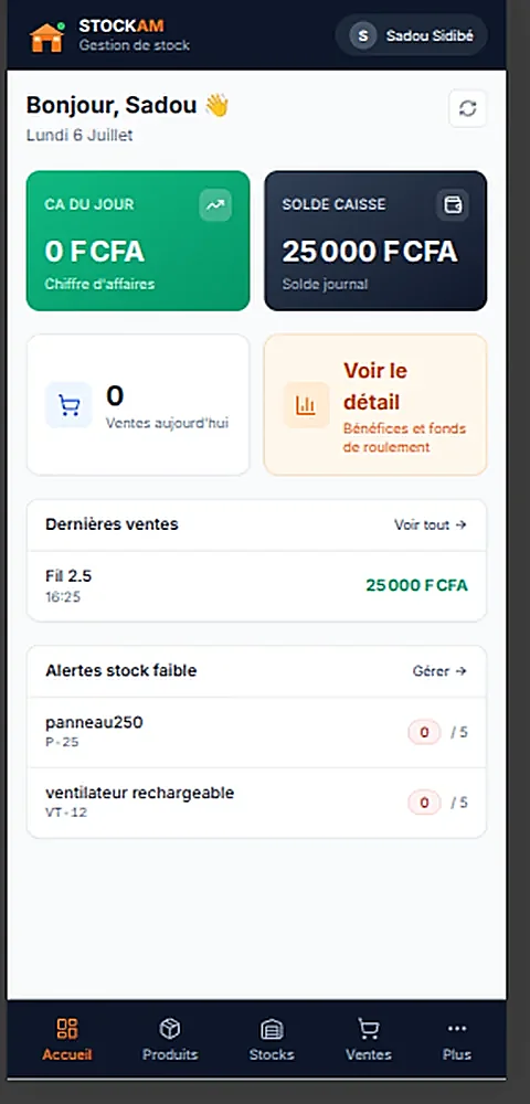 Version mobile du tableau de bord STOCKAM sur téléphone