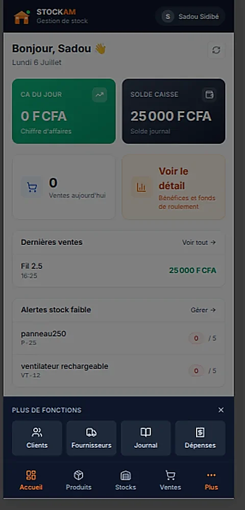 Menu Plus de fonctions de STOCKAM sur mobile donnant accès à Clients, Fournisseurs, Journal et Dépenses