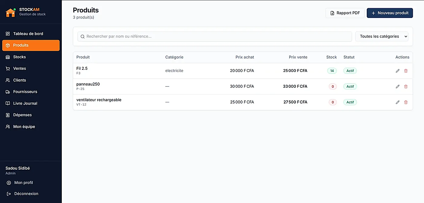 Page Produits de STOCKAM avec liste des articles, prix d'achat, prix de vente et niveau de stock