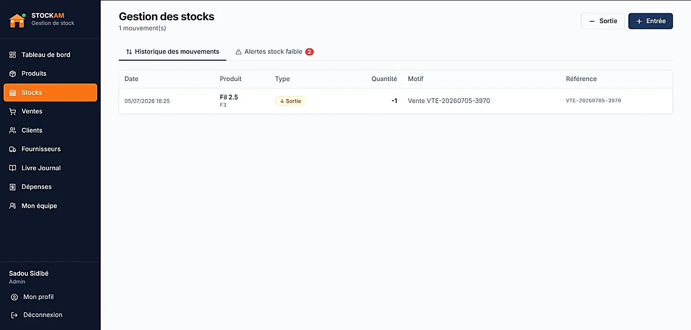 Page Gestion des stocks de STOCKAM avec historique des mouvements et alertes de stock faible