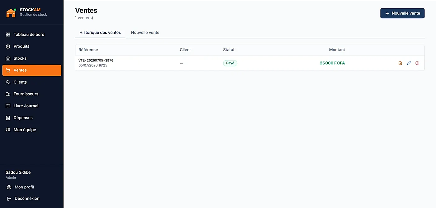 Page Ventes de STOCKAM listant l'historique des ventes avec référence, statut de paiement et montant